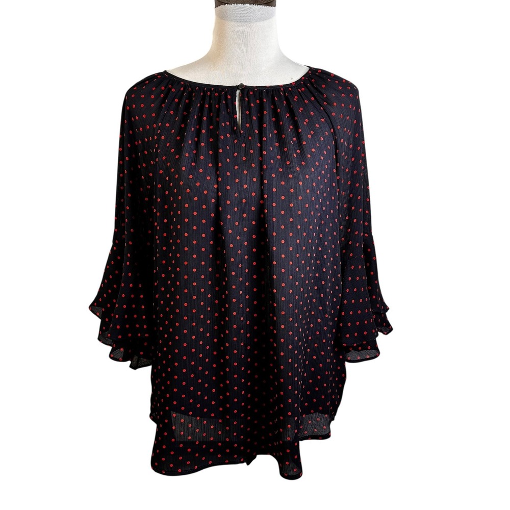 Chaps Women's Blouse Navy Blue Size LG Polka Dot Round Neck‎ Keyhole Bell Sleeve